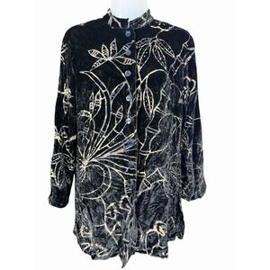 Chico's Design Velvet Burnout Beaded Button Front Top Black Floral Art to Wear S